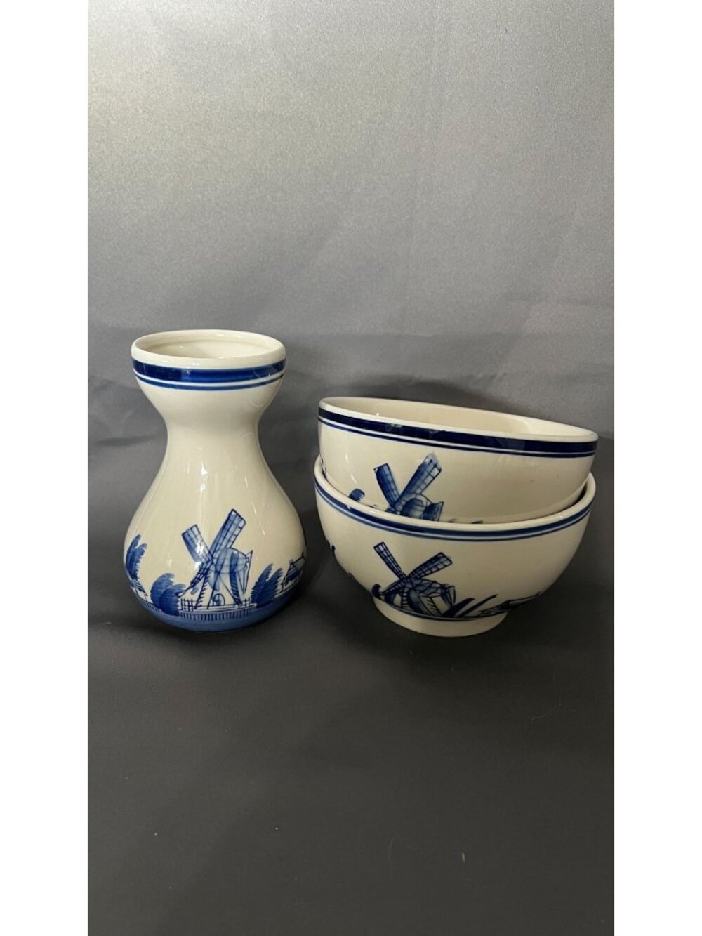 Vintage Delft Hand-Painted Vase & 2 Matching Bowls